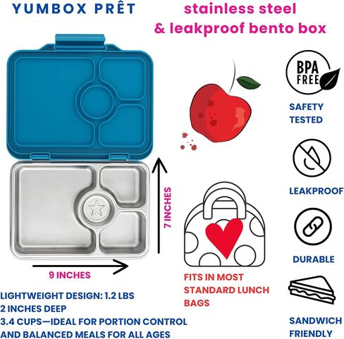 Yumbox Prêt Stainless Steel Bento Lunch Box with Leakproof Lid, Durable, Reusable Food Container, Ideal for Sandwiches & Snacks ((Normandy Blue) in Kuwait