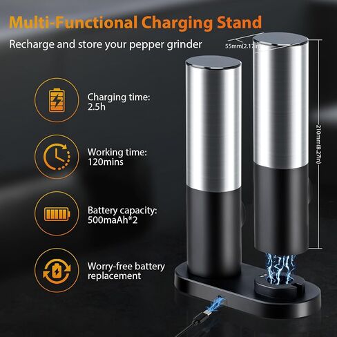 مجموعة مطحنة الملح والفلفل الكهربائية مع حامل USB قابل لإعادة الشحن، تشغيل بيد واحدة، لا حاجة إلى بطارية، هزازات مطحنة فلفل أوتوماتيكية للمطبخ والمطاعم في الهواء الطلق، خشونة قابلة للتعديل in Saudi Arabia