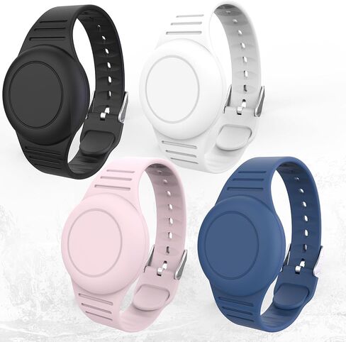 Waterproof Air Tag Bracelets for Kids [4-Pack] – Hidden Airtag Holder Wristbands for Toddlers, Lightweight Silicone Full-Cover Anti-Lost GPS Tracker Bands for Apple tag (Dark Blue/Black/Pink/White) in Kuwait