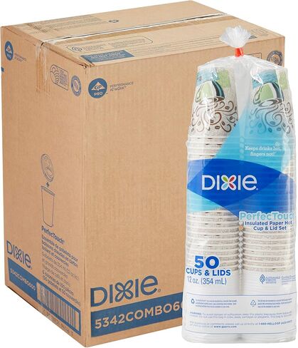 Dixie PerfecTouch 12 oz. Insulated Paper Hot Coffee Cup and Lid Set by GP PRO (Georgia-Pacific) Coffee Haze and White, 5342COMBO600, 300 Cups and 300 Lids (50 Cups and Lids Per Pack, 6 Packs Per Case) in Saudi Arabia