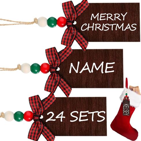 12 Sets Christmas Stocking Name Tags, Xmas Stocking Hanging Tag, Chalkboard Tags Wood Beads and Bow, DIY Name Sign Christmas Ornaments for Christmas Stockings Home Decor Farmhouse Decorations in Kuwait