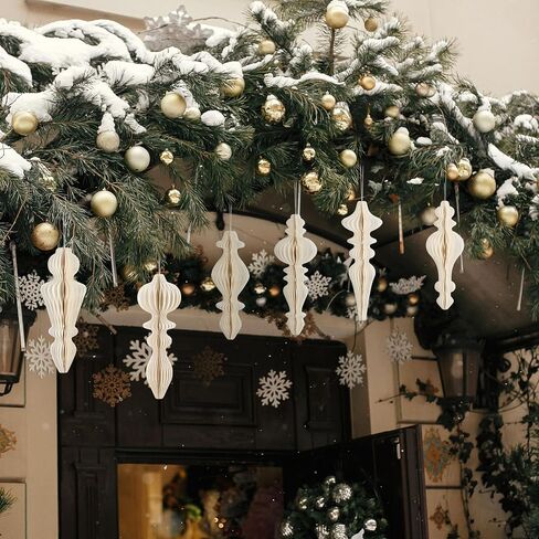 6 Pcs 10" Paper Christmas Ornaments Honeycomb Christmas Hanging Ornaments Neutral Christmas Finial Decorations for Xmas Party Ceiling Decoration Holiday Home Decor(Green Brown White) in Saudi Arabia