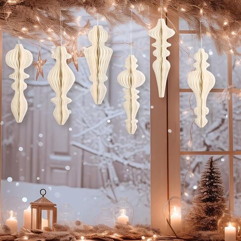 6 Pcs 10" Paper Christmas Ornaments Honeycomb Christmas Hanging Ornaments Neutral Christmas Finial Decorations for Xmas Party Ceiling Decoration Holiday Home Decor(Green Brown White) in Saudi Arabia