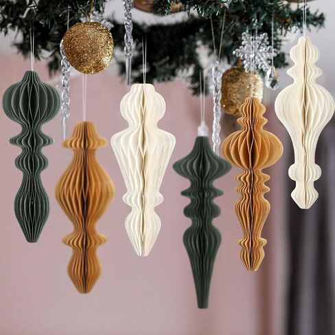 6 Pcs 10" Paper Christmas Ornaments Honeycomb Christmas Hanging Ornaments Neutral Christmas Finial Decorations for Xmas Party Ceiling Decoration Holiday Home Decor(Green Brown White) in Saudi Arabia