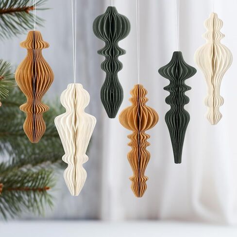 6 Pcs 10" Paper Christmas Ornaments Honeycomb Christmas Hanging Ornaments Neutral Christmas Finial Decorations for Xmas Party Ceiling Decoration Holiday Home Decor(Green Brown White) in Saudi Arabia