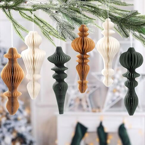 6 Pcs 10" Paper Christmas Ornaments Honeycomb Christmas Hanging Ornaments Neutral Christmas Finial Decorations for Xmas Party Ceiling Decoration Holiday Home Decor(Green Brown White) in Saudi Arabia