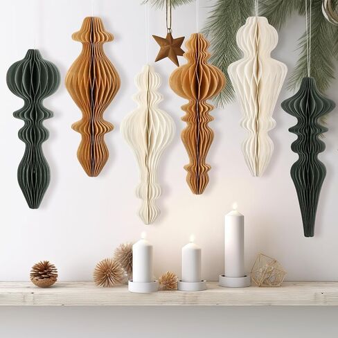 6 Pcs 10" Paper Christmas Ornaments Honeycomb Christmas Hanging Ornaments Neutral Christmas Finial Decorations for Xmas Party Ceiling Decoration Holiday Home Decor(Green Brown White) in Saudi Arabia