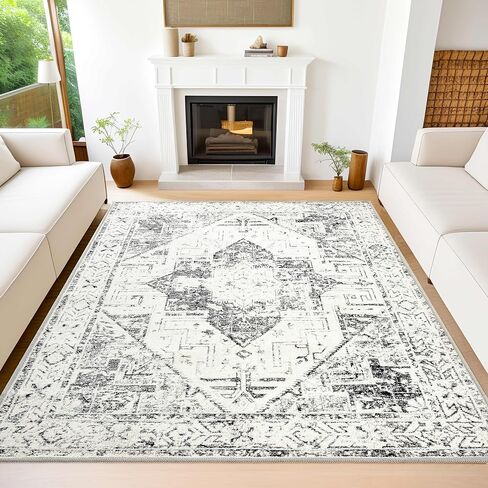 Boho Jacquard Washable Area Rug 3x5 Floor Mat with Non-Slip Backing Bath Entryway Throw Rugs Indoor Door Mats Carpet for Living Room, Bedroom, Entrance, Kitchen, High-Low Textured Vintage Rug, Grey in Saudi Arabia