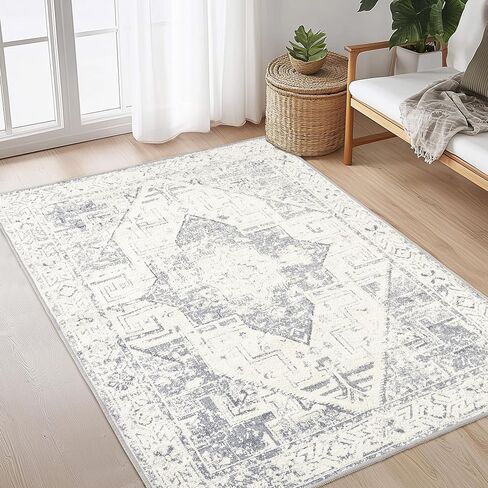 Boho Jacquard Washable Area Rug 3x5 Floor Mat with Non-Slip Backing Bath Entryway Throw Rugs Indoor Door Mats Carpet for Living Room, Bedroom, Entrance, Kitchen, High-Low Textured Vintage Rug, Grey in Saudi Arabia
