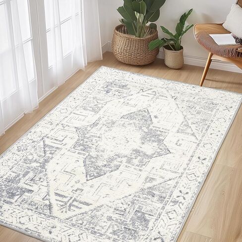Boho Jacquard Washable Area Rug 3x5 Floor Mat with Non-Slip Backing Bath Entryway Throw Rugs Indoor Door Mats Carpet for Living Room, Bedroom, Entrance, Kitchen, High-Low Textured Vintage Rug, Grey in Saudi Arabia