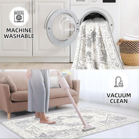Boho Jacquard Washable Area Rug 3x5 Floor Mat with Non-Slip Backing Bath Entryway Throw Rugs Indoor Door Mats Carpet for Living Room, Bedroom, Entrance, Kitchen, High-Low Textured Vintage Rug, Grey in Saudi Arabia