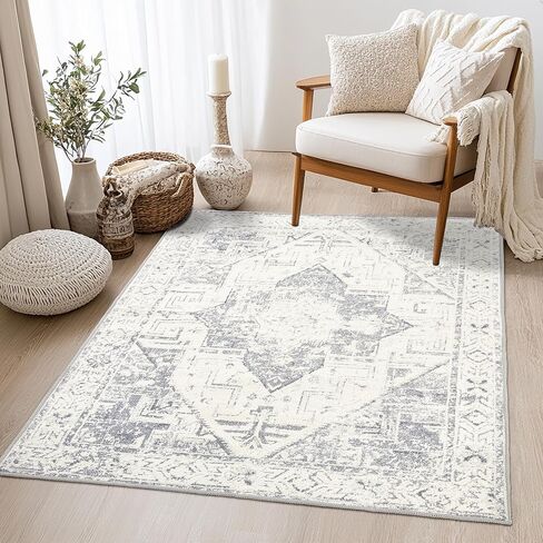 Boho Jacquard Washable Area Rug 3x5 Floor Mat with Non-Slip Backing Bath Entryway Throw Rugs Indoor Door Mats Carpet for Living Room, Bedroom, Entrance, Kitchen, High-Low Textured Vintage Rug, Grey in Saudi Arabia