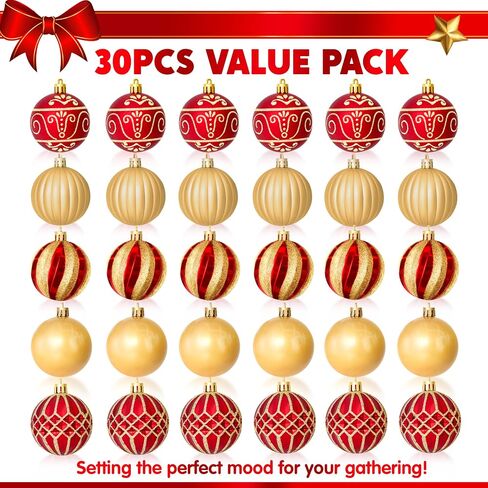JOIEDOMI 30 Pcs 2.36" Christmas Balls Ornaments Set, Red & Gold Christmas Tree Decorations, Xmas Shatterproof Hanging Balls Ornaments for Christmas Tree Garland Holiday Party Supplies Indoor Decor in Saudi Arabia