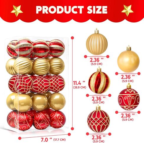 JOIEDOMI 30 Pcs 2.36" Christmas Balls Ornaments Set, Red & Gold Christmas Tree Decorations, Xmas Shatterproof Hanging Balls Ornaments for Christmas Tree Garland Holiday Party Supplies Indoor Decor in Saudi Arabia