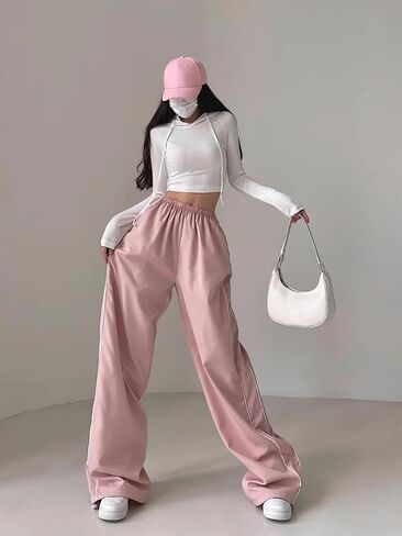 Y2K Pants Track Pants Parachute Pants High Waisted Pants with Pockets Aesthetic Pants Trendy Baggy Sweatpants in Saudi Arabia