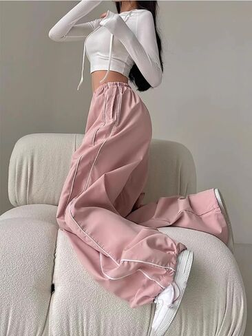 Y2K Pants Track Pants Parachute Pants High Waisted Pants with Pockets Aesthetic Pants Trendy Baggy Sweatpants in Saudi Arabia
