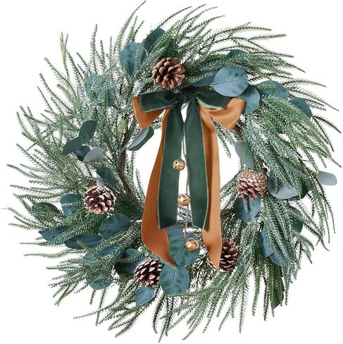 Christmas Wreaths for Front Door,24 in Green Artificial Winter Wreath,Decorated with Big Pine Cones,Bows,Bells & Frosted Branches,Xmas Wreath Holiday Decorations for Farmhouse Indoor Outdoor Wall Use in Kuwait