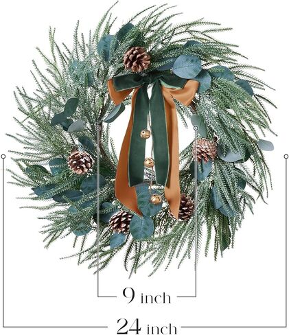 Christmas Wreaths for Front Door,24 in Green Artificial Winter Wreath,Decorated with Big Pine Cones,Bows,Bells & Frosted Branches,Xmas Wreath Holiday Decorations for Farmhouse Indoor Outdoor Wall Use in Kuwait