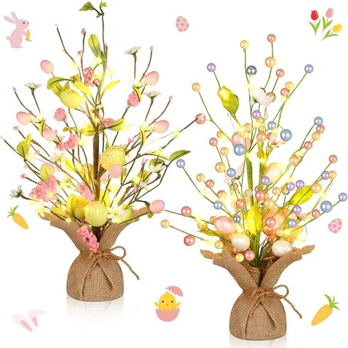 wenqik 2 جهاز كمبيوتر شخصى 18 بوصة قبل مضاءة شجرة عيد الفصح، عيد الفصح الديكور الربيع أدى شجرة بيض عيد الفصح مع الحلي الحساسة مضاءة شجرة عيد الفصح الجدول مع قاعدة الجدول المركزية لديكور ربيع عيد الفصح in Kuwait