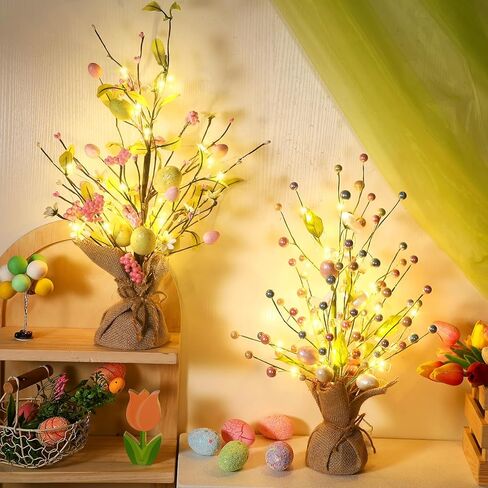 wenqik 2 جهاز كمبيوتر شخصى 18 بوصة قبل مضاءة شجرة عيد الفصح، عيد الفصح الديكور الربيع أدى شجرة بيض عيد الفصح مع الحلي الحساسة مضاءة شجرة عيد الفصح الجدول مع قاعدة الجدول المركزية لديكور ربيع عيد الفصح in Kuwait