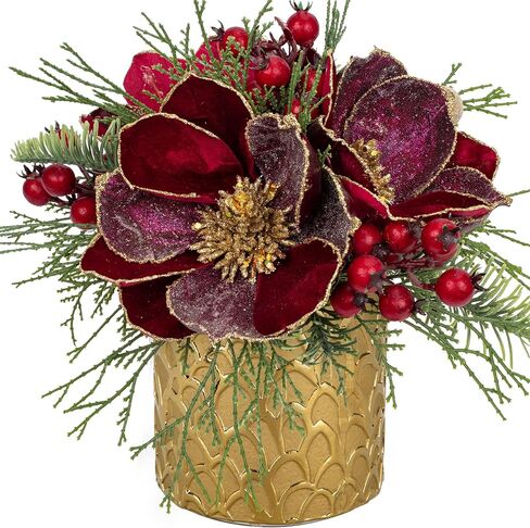 12 inch Red Christmas Table Centerpiece 5" Glitter Magnolia Flower and Red Berries Fir Greenery Artificial Christmas Floral Centerpiece in Golden Ceramic Pot Christmas Tabletop Arrangement Decor in Saudi Arabia