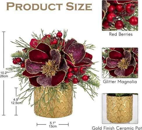 12 inch Red Christmas Table Centerpiece 5" Glitter Magnolia Flower and Red Berries Fir Greenery Artificial Christmas Floral Centerpiece in Golden Ceramic Pot Christmas Tabletop Arrangement Decor in Saudi Arabia