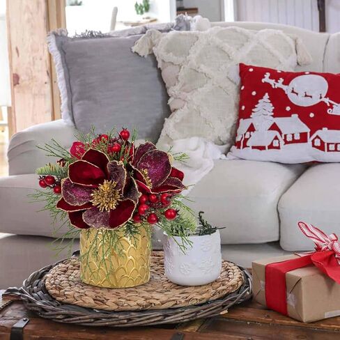 12 inch Red Christmas Table Centerpiece 5" Glitter Magnolia Flower and Red Berries Fir Greenery Artificial Christmas Floral Centerpiece in Golden Ceramic Pot Christmas Tabletop Arrangement Decor in Saudi Arabia