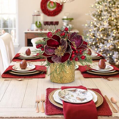 12 inch Red Christmas Table Centerpiece 5" Glitter Magnolia Flower and Red Berries Fir Greenery Artificial Christmas Floral Centerpiece in Golden Ceramic Pot Christmas Tabletop Arrangement Decor in Saudi Arabia