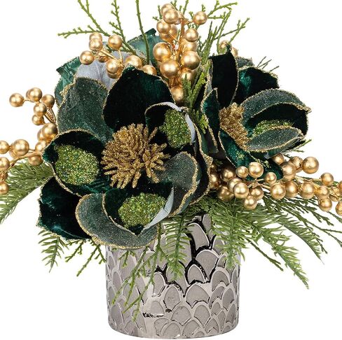 12 inch Red Christmas Table Centerpiece 5" Glitter Magnolia Flower and Red Berries Fir Greenery Artificial Christmas Floral Centerpiece in Golden Ceramic Pot Christmas Tabletop Arrangement Decor in Saudi Arabia