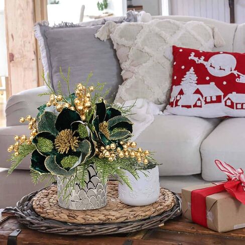12 inch Red Christmas Table Centerpiece 5" Glitter Magnolia Flower and Red Berries Fir Greenery Artificial Christmas Floral Centerpiece in Golden Ceramic Pot Christmas Tabletop Arrangement Decor in Saudi Arabia