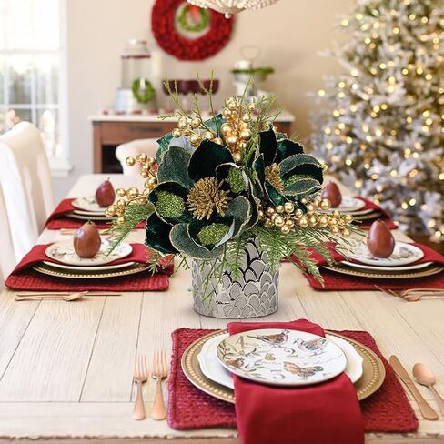 12 inch Red Christmas Table Centerpiece 5" Glitter Magnolia Flower and Red Berries Fir Greenery Artificial Christmas Floral Centerpiece in Golden Ceramic Pot Christmas Tabletop Arrangement Decor in Saudi Arabia