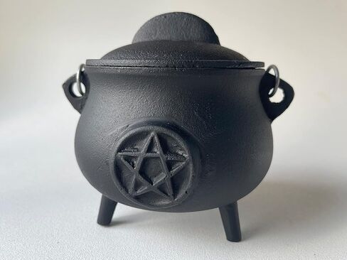 Large Cast Iron Ribbed Cauldron with Lid and Handle, Ribbed Style 5.5" Diameter, Perfect for Smudging, Incense Burning, Ritual, Decoration in Kuwait