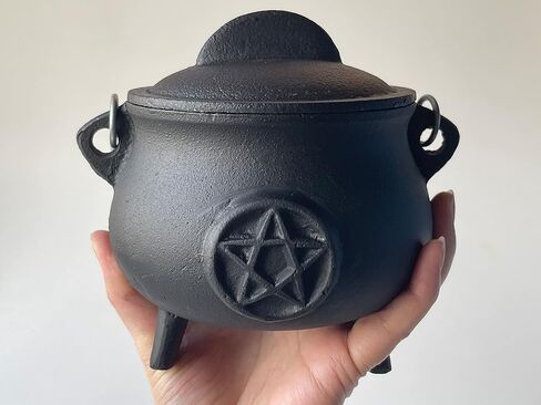 Large Cast Iron Ribbed Cauldron with Lid and Handle, Ribbed Style 5.5" Diameter, Perfect for Smudging, Incense Burning, Ritual, Decoration in Kuwait