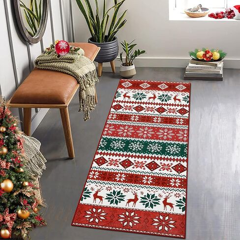 Hallway Runner Rug 2x6 Washable Christmas Runner Indoor Non-Slip Xmas Decorative Throw Floor Covers Boho Accent Festival Xmas Rug Farmhouse Rug Geometric Carpet for Living Room Bedroom, Red in Saudi Arabia