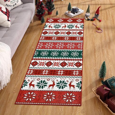 Hallway Runner Rug 2x6 Washable Christmas Runner Indoor Non-Slip Xmas Decorative Throw Floor Covers Boho Accent Festival Xmas Rug Farmhouse Rug Geometric Carpet for Living Room Bedroom, Red in Saudi Arabia