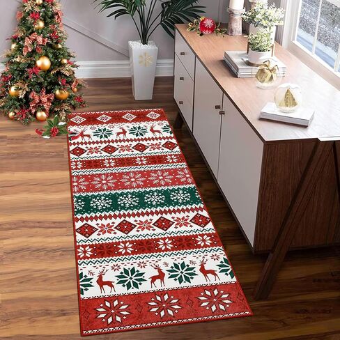 Hallway Runner Rug 2x6 Washable Christmas Runner Indoor Non-Slip Xmas Decorative Throw Floor Covers Boho Accent Festival Xmas Rug Farmhouse Rug Geometric Carpet for Living Room Bedroom, Red in Saudi Arabia