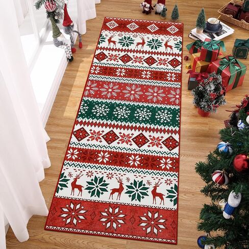 Hallway Runner Rug 2x6 Washable Christmas Runner Indoor Non-Slip Xmas Decorative Throw Floor Covers Boho Accent Festival Xmas Rug Farmhouse Rug Geometric Carpet for Living Room Bedroom, Red in Saudi Arabia