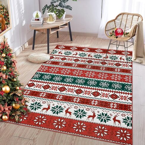 Hallway Runner Rug 2x6 Washable Christmas Runner Indoor Non-Slip Xmas Decorative Throw Floor Covers Boho Accent Festival Xmas Rug Farmhouse Rug Geometric Carpet for Living Room Bedroom, Red in Saudi Arabia
