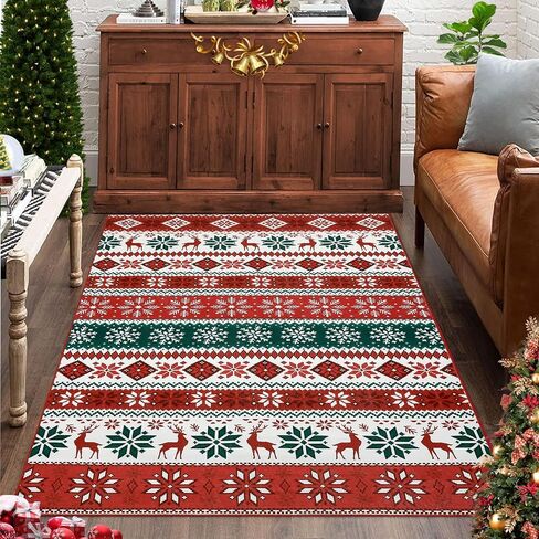 Hallway Runner Rug 2x6 Washable Christmas Runner Indoor Non-Slip Xmas Decorative Throw Floor Covers Boho Accent Festival Xmas Rug Farmhouse Rug Geometric Carpet for Living Room Bedroom, Red in Saudi Arabia