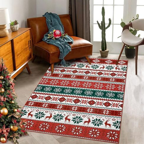 Hallway Runner Rug 2x6 Washable Christmas Runner Indoor Non-Slip Xmas Decorative Throw Floor Covers Boho Accent Festival Xmas Rug Farmhouse Rug Geometric Carpet for Living Room Bedroom, Red in Saudi Arabia