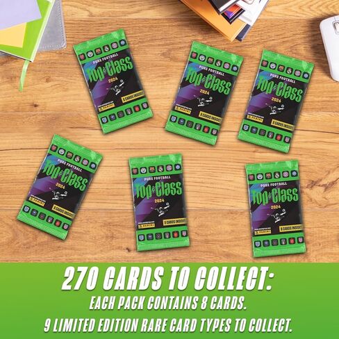 بطاقات كرة القدم بانيني توب كلاس 2024-2025، 6 حزم + 100 واقي بطاقة، 48 بطاقة إجمالية مع 270 بطاقة لجمعها عبر نادي كرة القدم والنجوم الدوليين in Kuwait