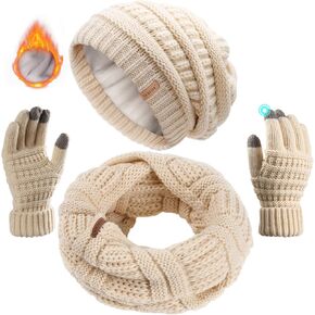 FURTALK Winter Knit Beanie Hat Scarf Gloves 3 Pcs Slouchy Fleece Lined Skull Cap for Women Men