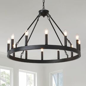 HHR Black and Gold Wagon Wheel Chandelier 9-Light 24 Inch, Black Round Rustic Candle Farmhouse Pendant Light Fixture for High Ceilings, Dining Room Living Room Kitchen Island Foyer Entryway