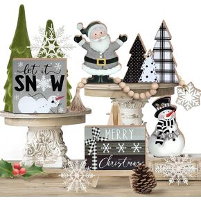 Merry Christmas Tiered Tray Decor, Grey Xmas Tree Santa Tray Decorations, Gray Snowman Snowflake Let It Snow Wooden Signs, Holiday Rustic Farmhouse Home Decor for Table Shelf Mantel Party