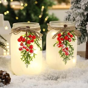 Christmas Decorations - Christmas Decor- Winter Mason Jar with Light - Rustic Farmhouse Christmas Decoration for Home Room Indoor Tables Mantle Shelf Party Centerpiece