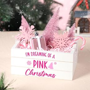 Huray Rayho Christmas Table Decor Tiered Tray Centerpiece with Mini Pink Christmas Tree Snowflake Candy Cane Basket Wooden Crate Set I'm Dreaming of A Pink Christmas Home Decorations Gifts for Women