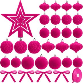 27 Pcs Velvet Christmas Tree Ornaments Set Velvet Christmas Balls with Velvet Star Tree Topper Velvet Ribbon 3/8inch Xmas Decorative Hanging Ornaments for Xmas Party Yard Decors(Burgundy)