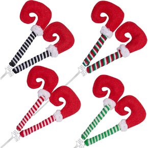 4 PCS Christmas Elf Legs Picks-Elf Feet Tree Ornaments with Fixed Wire-Striped Plush Stuffed Elf Leg Picks for Christmas Tree Party Home Decorations