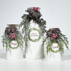 Artificial Christmas Flower Vase Set of 3,White Xmas Decorations Ceramic Vase-Dried Flower Vase with Holiday Ornaments Red Berry Pine Cone Greenery for Christmas Decor Indoor Home Decor