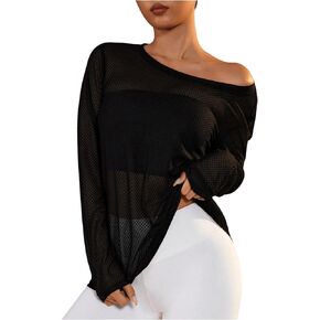 SweatyRocks Women's Long Sleeve Crew Neck Loose Gym Workout Mesh Smocked Tops
